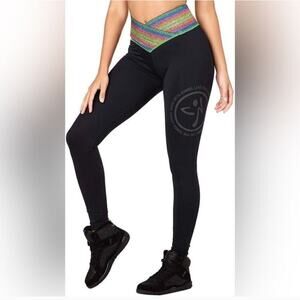 Zumba Wear Rainbow Sparkle Glitter Belted Workout Spellout Black Leggings M